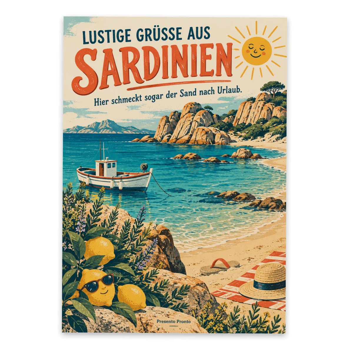 Lustige Grüße aus Sardinien Postkarte mit Strand und Boot