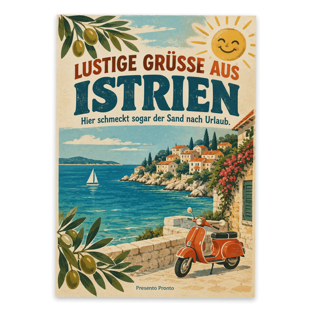 Lustige Grüße aus Istrien Postkarte mit Vintage-Roller
