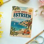 Lustige Grüße aus Istrien Postkarte mit Vintage-Roller|p:2023667|h:36aeb7f42d2414b83b15d554edafd938