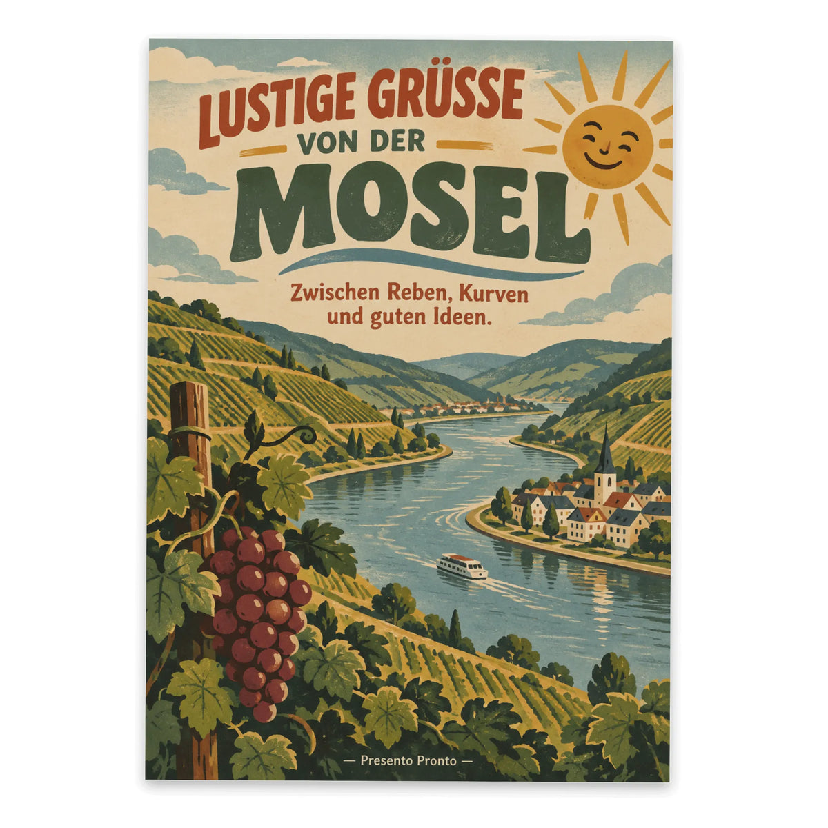 Lustige Grüße von der Mosel Postkarte mit Weinbergen