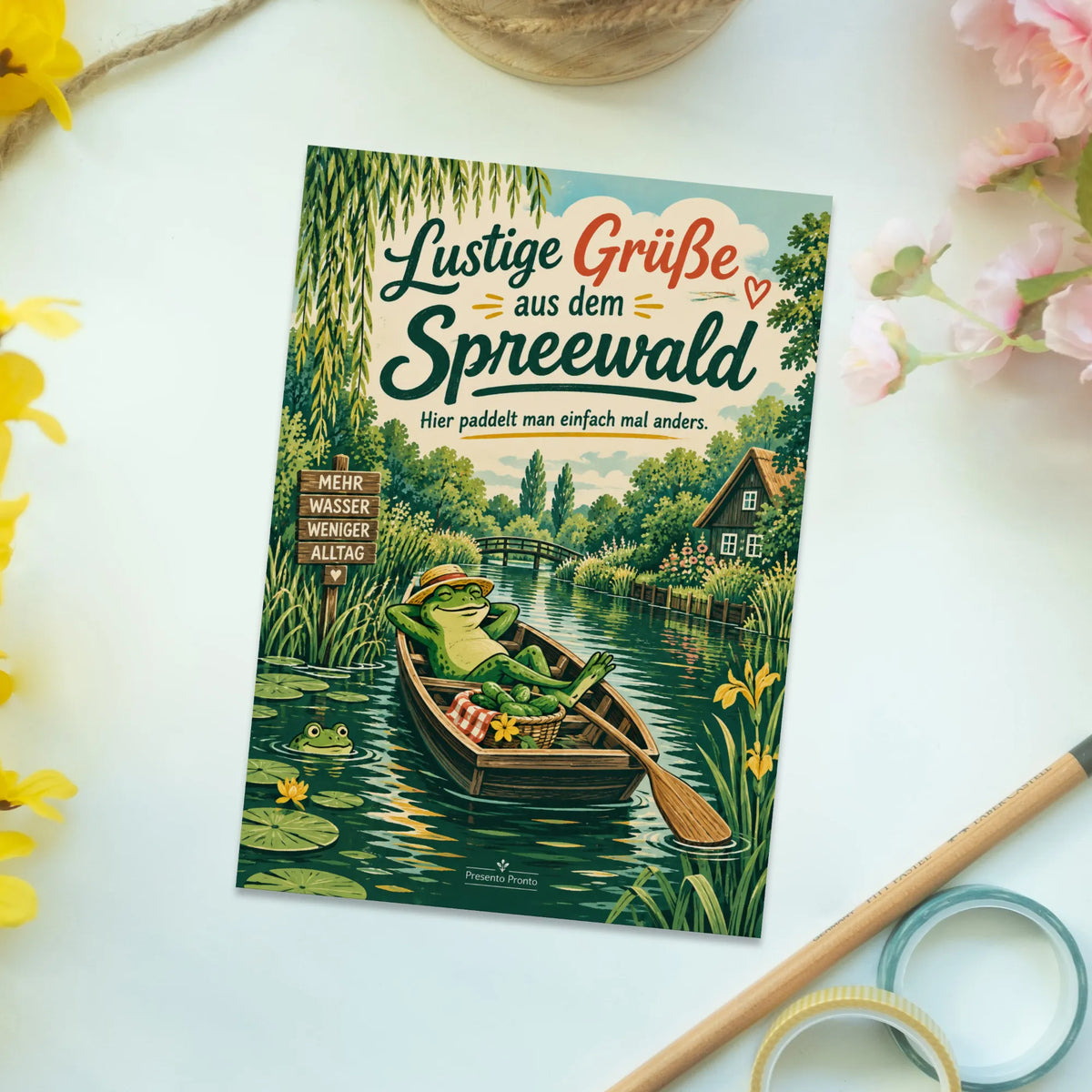 Lustige Grüße aus dem Spreewald Postkarte mit Kahn und Frosch