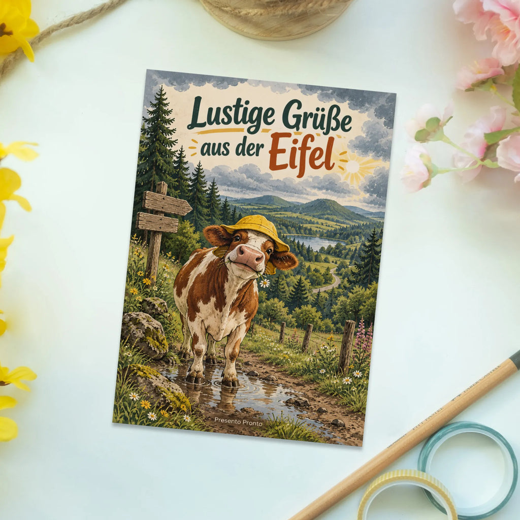 Lustige Grüße aus der Eifel Postkarte mit Kuh|p:2023675|h:c127922ecac93b4b67af451d028cec01