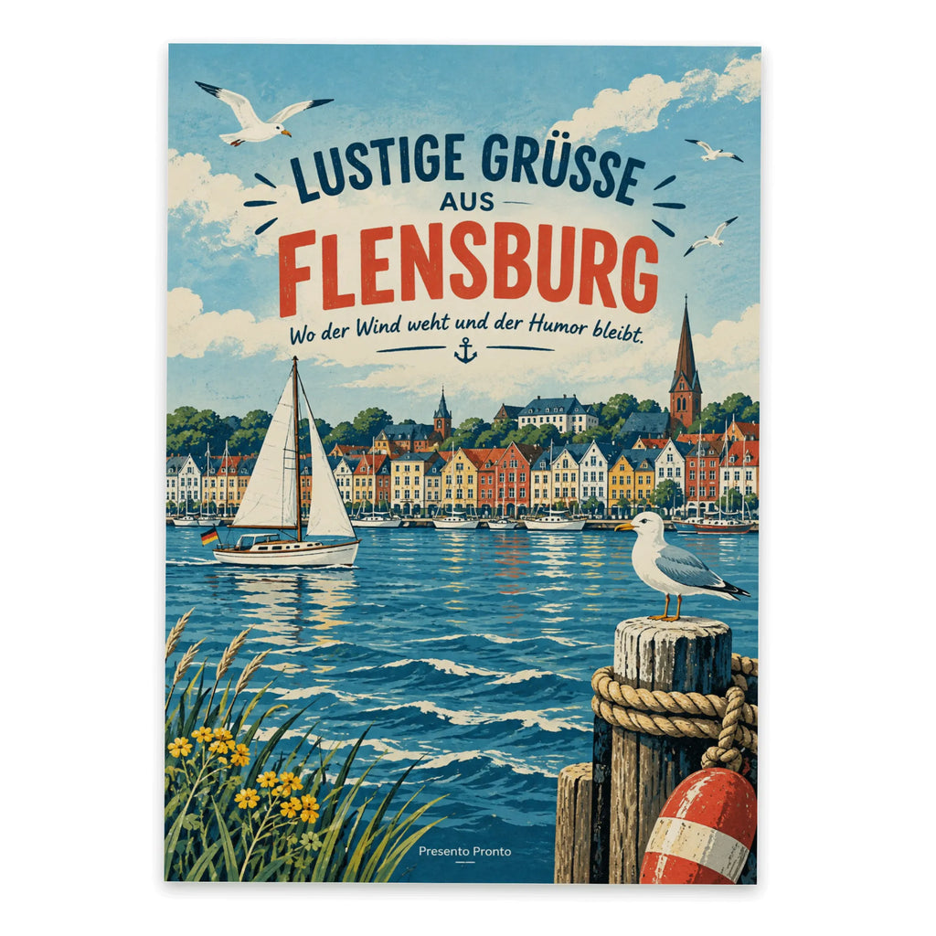 Lustige Grüße aus Flensburg Postkarte mit Segelboot|p:2023705|h:a7efe7b322ab4efc31e53cacdda3983f