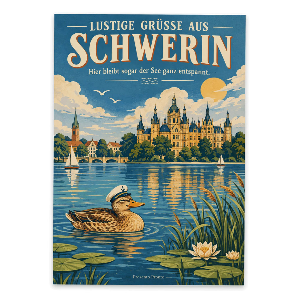 Lustige Grüße aus Schwerin Postkarte mit Schloss und Ente|p:2023706|h:4e6bb52ed4596d672872e1aeff5124ca