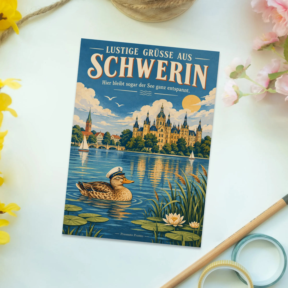 Lustige Grüße aus Schwerin Postkarte mit Schloss und Ente