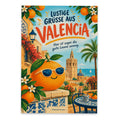 Lustige Grüße aus Valencia Urlaubspostkarte mit Sonnenbrillen-Orange