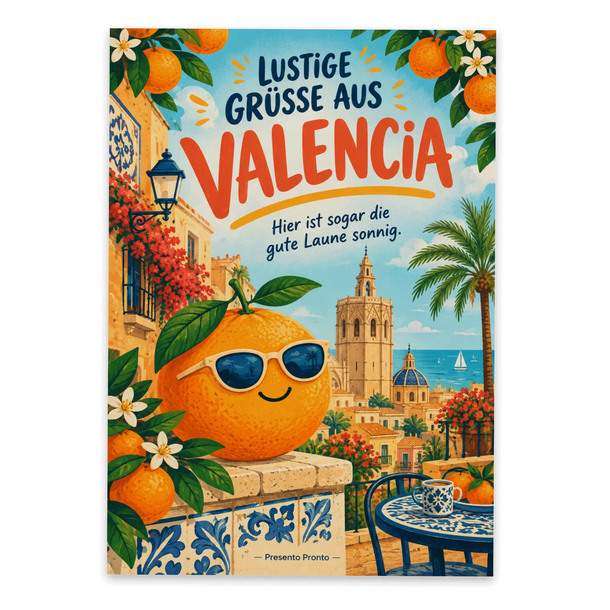 Lustige Grüße aus Valencia Urlaubspostkarte mit Sonnenbrillen-Orange