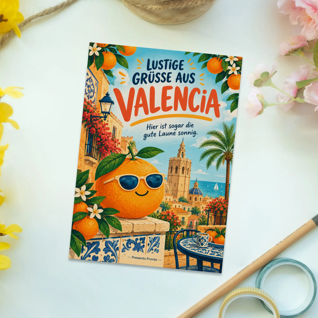 Lustige Grüße aus Valencia Urlaubspostkarte mit Sonnenbrillen-Orange|p:2023709|h:eeb88c764c8d1c7b54a639358f2cfdf5