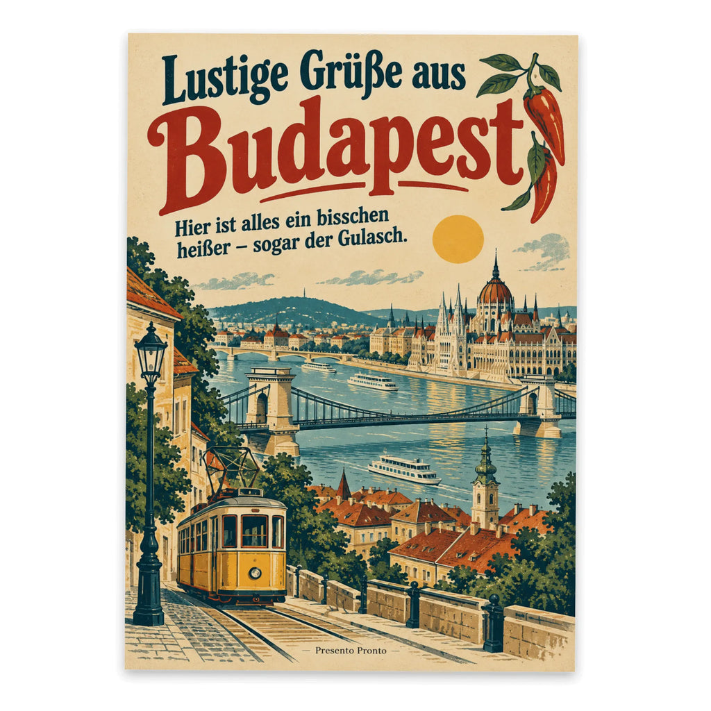 Lustige Grüße aus Budapest Postkarte mit gelber Straßenbahn|p:2023710|h:27d7f391d6cd5cbd0c483f2b2b9f1a9b