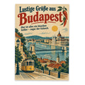 Lustige Grüße aus Budapest Postkarte mit gelber Straßenbahn