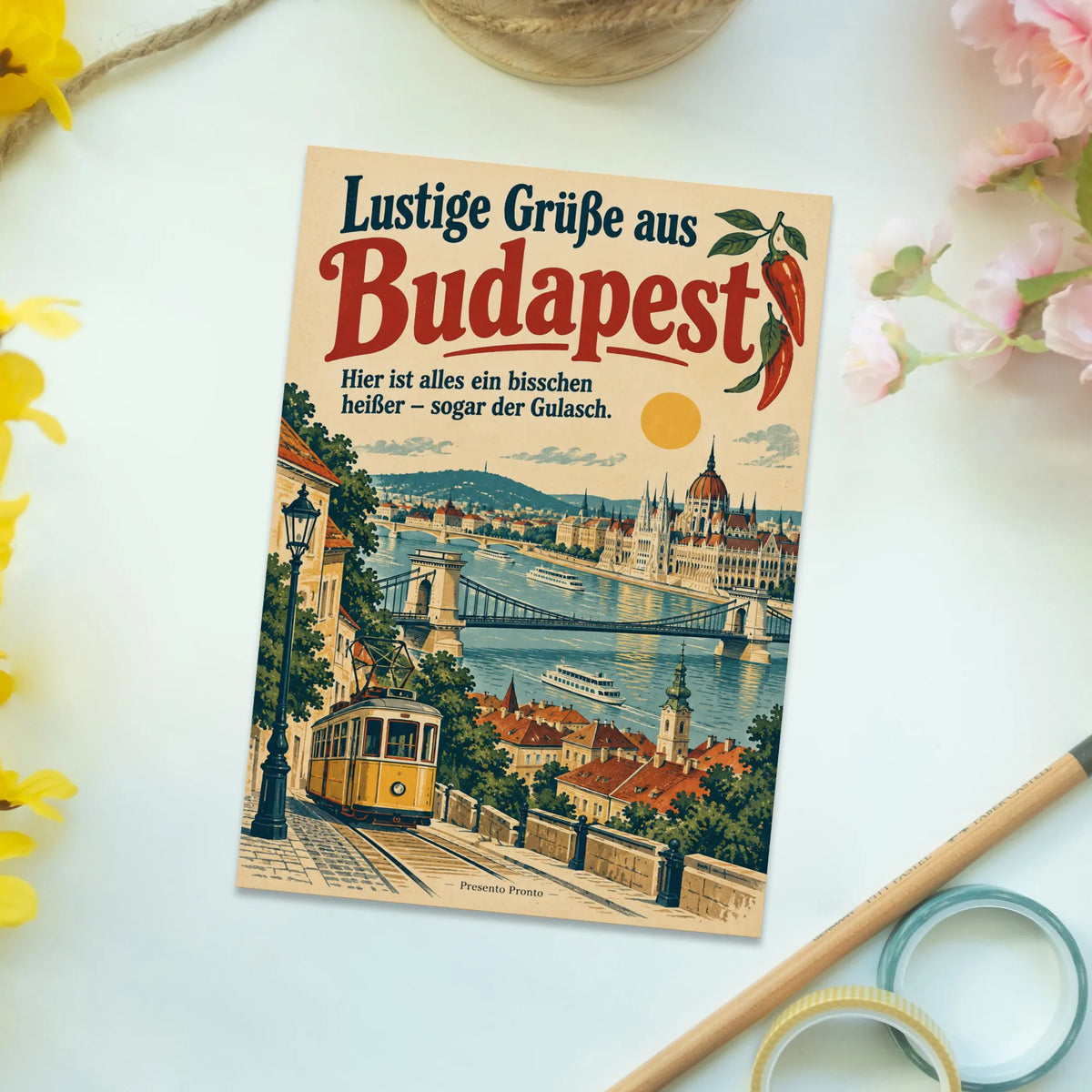 Lustige Grüße aus Budapest Postkarte mit gelber Straßenbahn