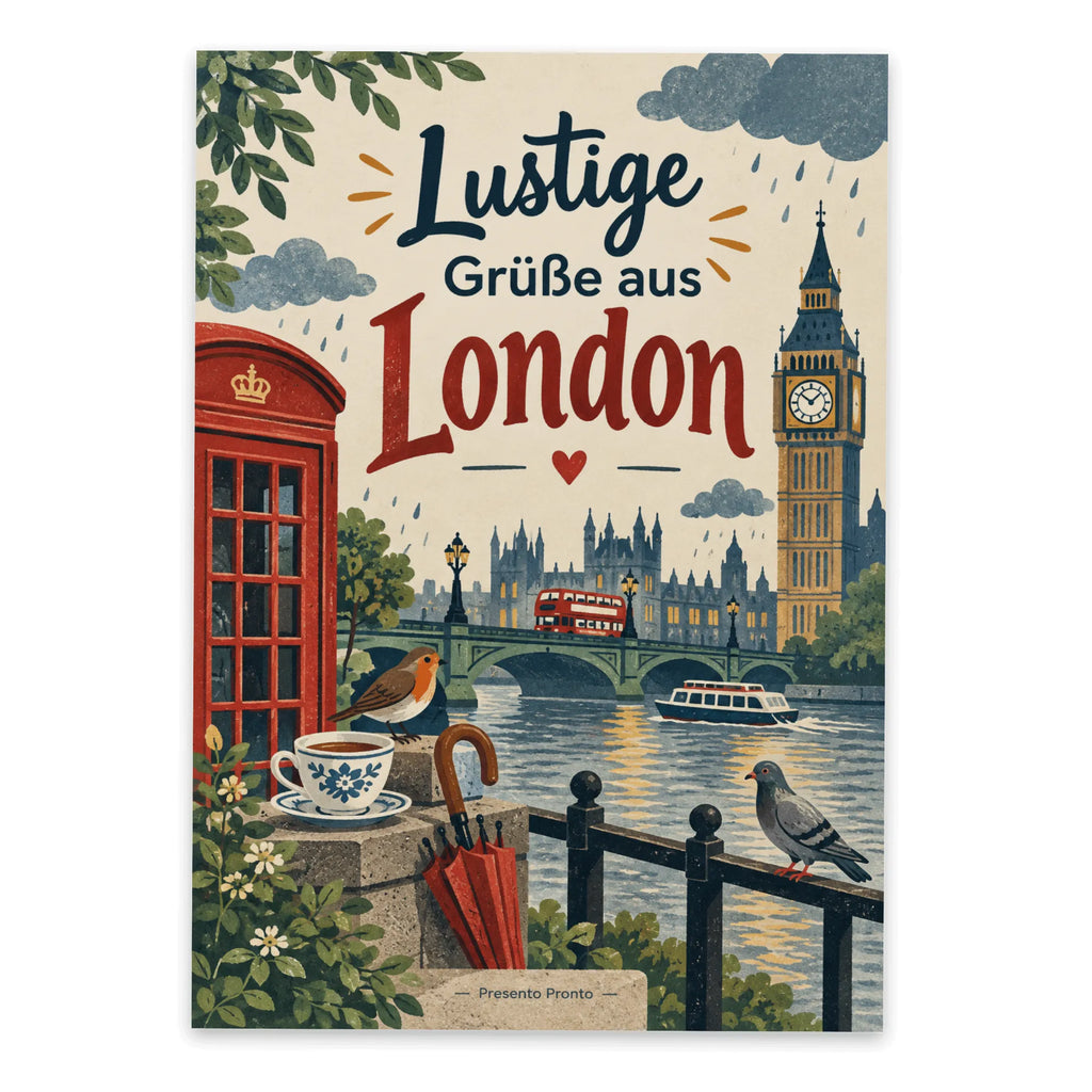 Lustige Grüße aus London Postkarte mit rotem Regenschirm|p:2023715|h:0bcb8bbab7525ceea361235f65987e20