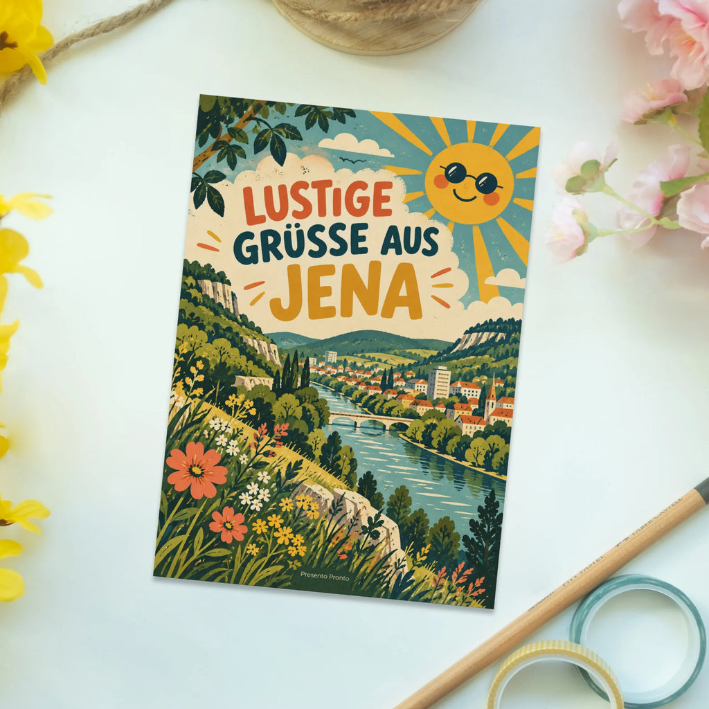 Lustige Grüße aus Jena Postkarte mit lachender Sonne|p:2023736|h:e82025e48f70f08f3e165785923e8440