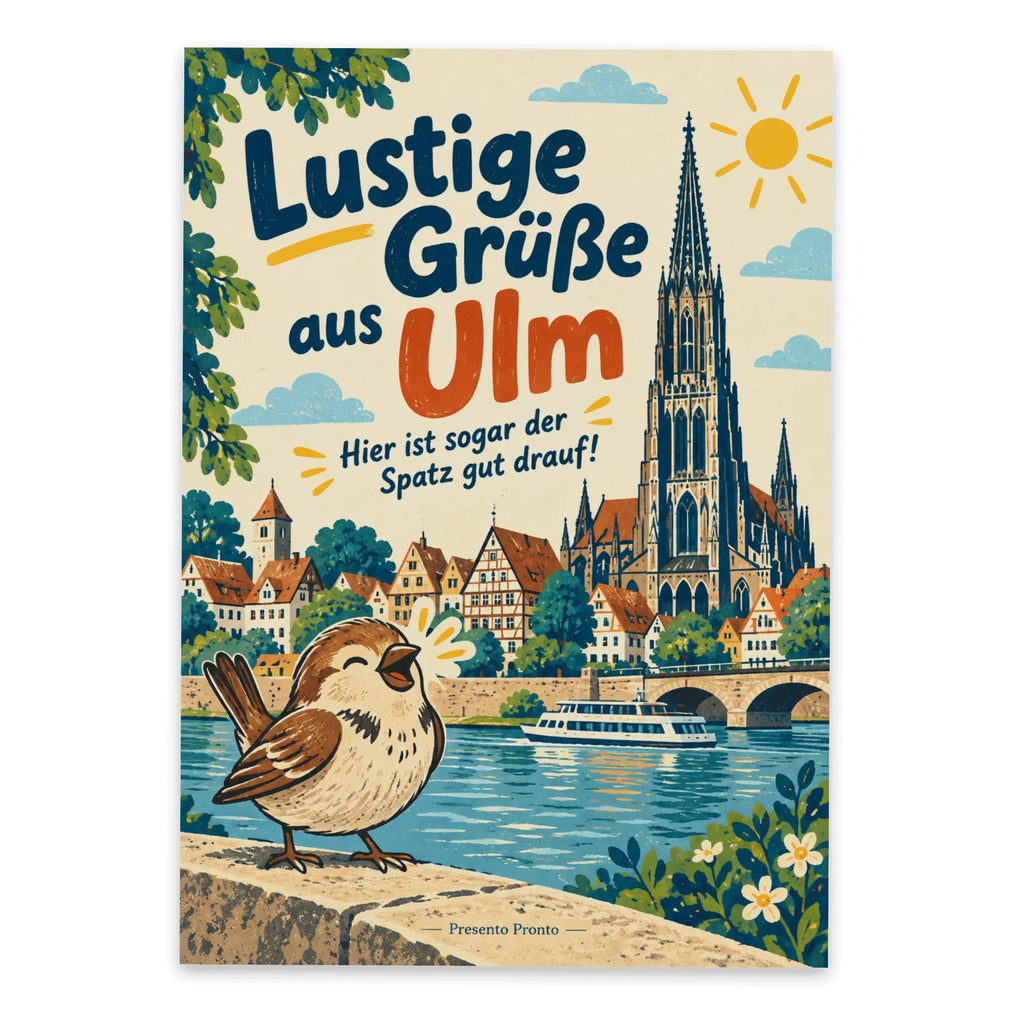 Lustige Grüße aus Ulm Postkarte mit Spatz|p:2023737|h:839c914436459e2a34cce9ee9c3781aa