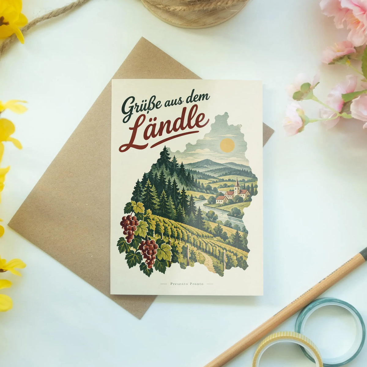 Herzliche Grüße aus Baden-Württemberg mit Schwarzwald und Weinbergen