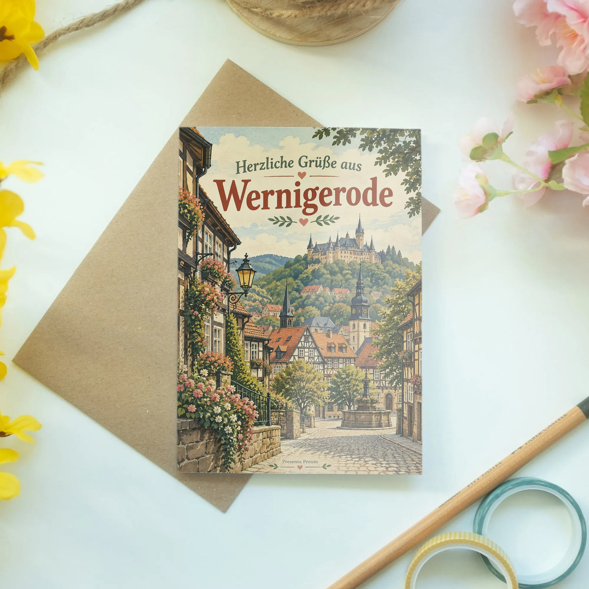 Romantische Grußkarte aus Wernigerode mit Fachwerkhäusern