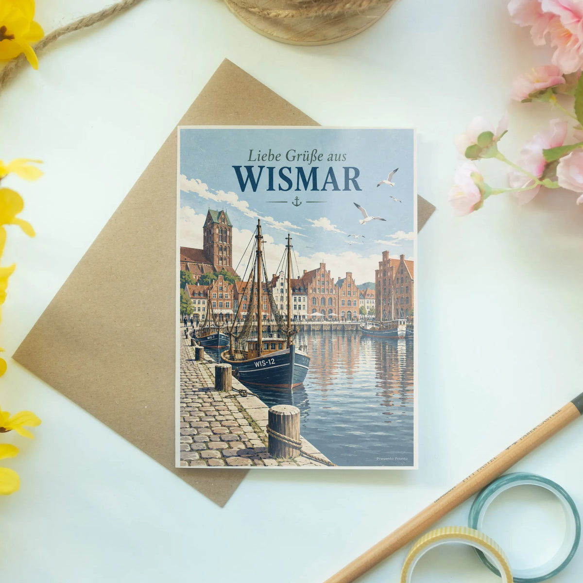 Herzliche Grußkarte aus Wismar mit Altem Hafen