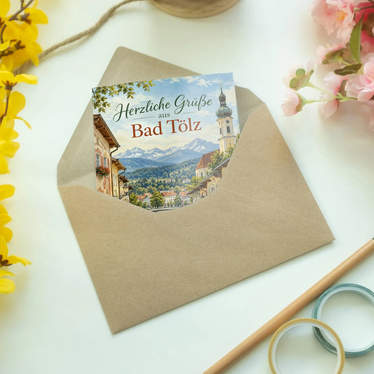 Herzliche Grußkarte aus Bad Tölz mit Altstadt Panorama