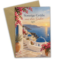 Sonnige Santorini Grußkarte für Sommergrüße mit Meerblick