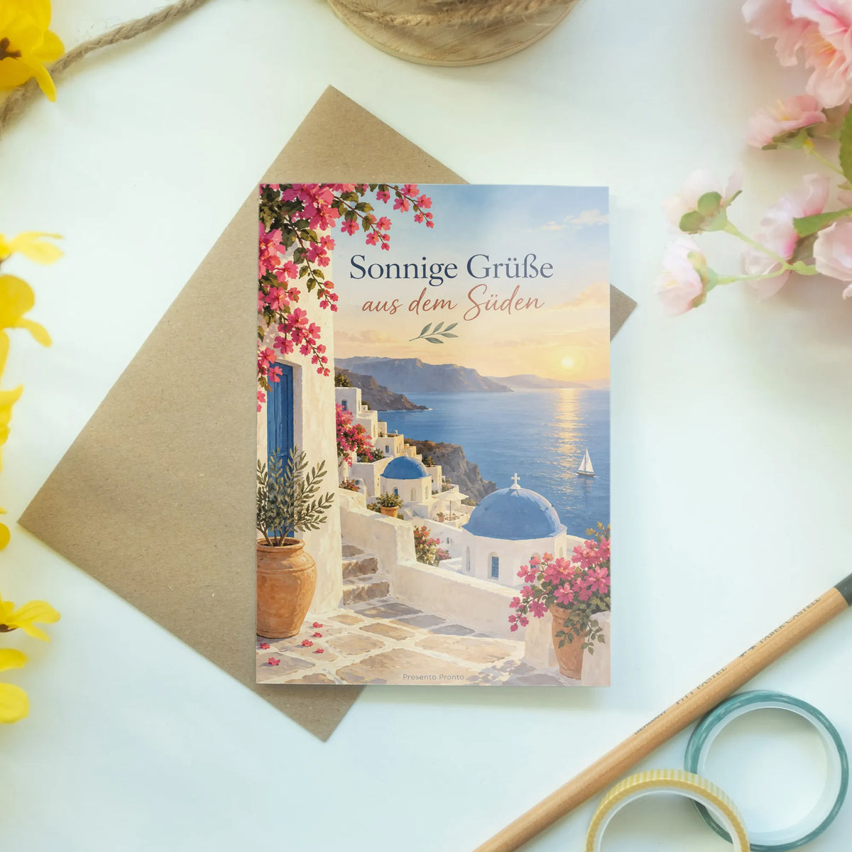 Sonnige Santorini Grußkarte für Sommergrüße mit Meerblick