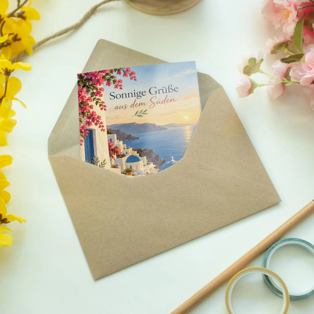 Sonnige Santorini Grußkarte für Sommergrüße mit Meerblick|p:2023751|h:0a1f3f3dfc499f0d11dc0e941b0c0d70
