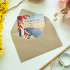 Sonnige Santorini Grußkarte für Sommergrüße mit Meerblick|p:2023751|h:0a1f3f3dfc499f0d11dc0e941b0c0d70