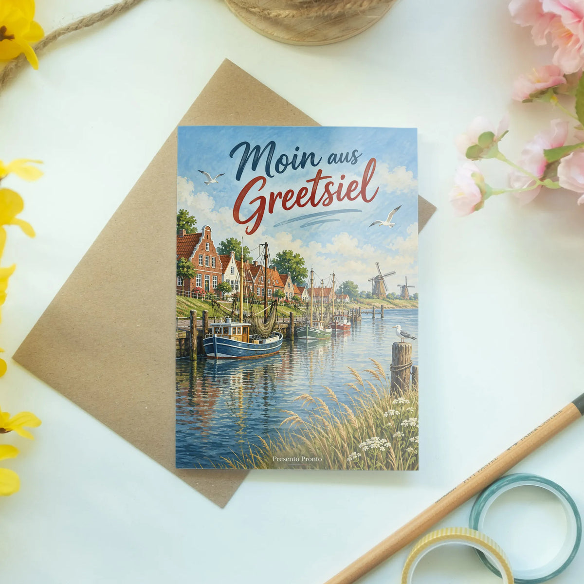 Nostalgische Grußkarte aus Greetsiel mit Hafen und Krabbenkuttern