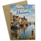 Herzliche Grußkarte aus Husum mit Hafen für Urlaubsgrüße|p:2023768|h:1ec00aae625d423aea7264af7e4502fc