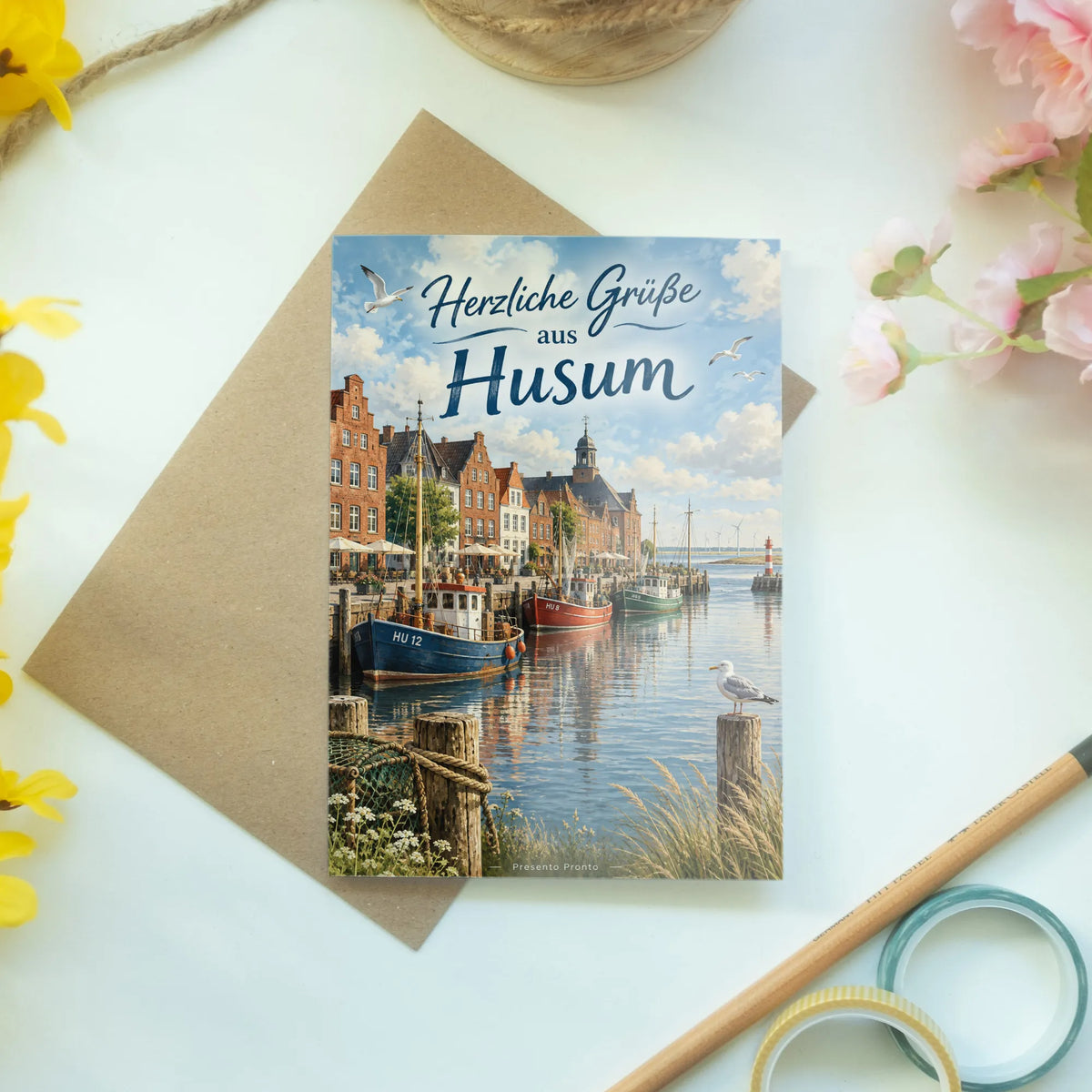Herzliche Grußkarte aus Husum mit Hafen für Urlaubsgrüße
