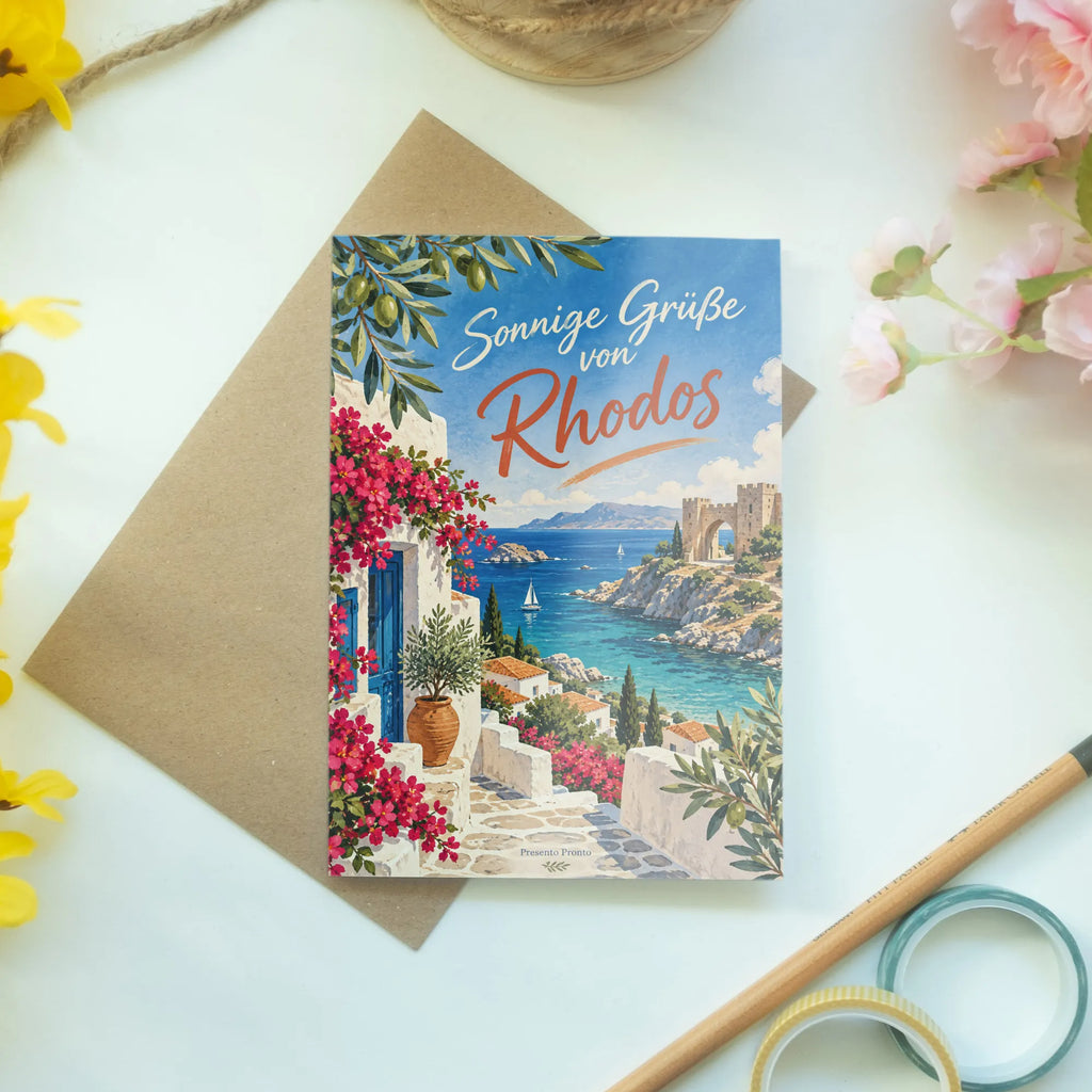 Sonnige Grußkarte aus Rhodos für Urlaubsgrüße|p:2023775|h:1ecbe62a53ced3fd0f2cc62e239c4045