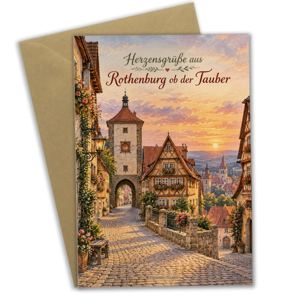 Herzliche Grußkarte aus Rothenburg ob der Tauber mit Fachwerkhäusern
