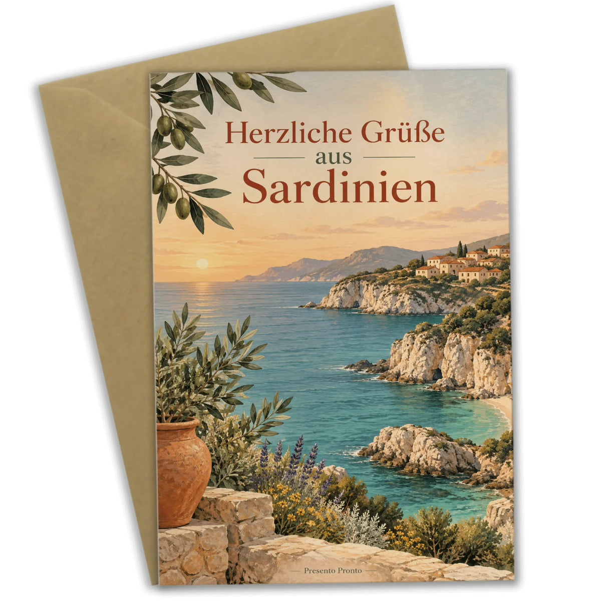 Elegante Sardinien Sommergrußkarte mit Küstendorf