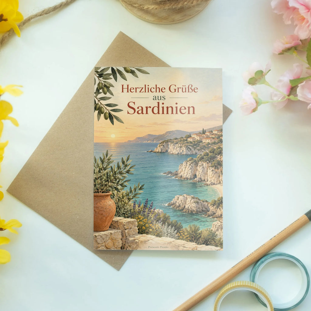 Elegante Sardinien Sommergrußkarte mit Küstendorf|p:2023792|h:6fcc0c13b7976cc88f0129abf76d0303