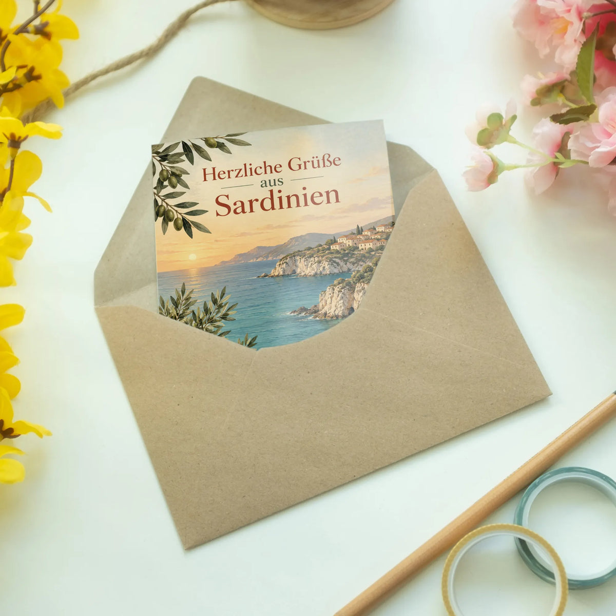 Elegante Sardinien Sommergrußkarte mit Küstendorf