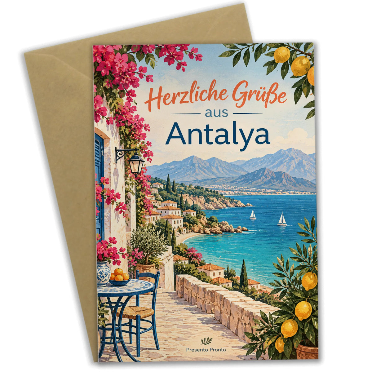 Herzliche Grußkarte aus Antalya zum Sommer mit Küste