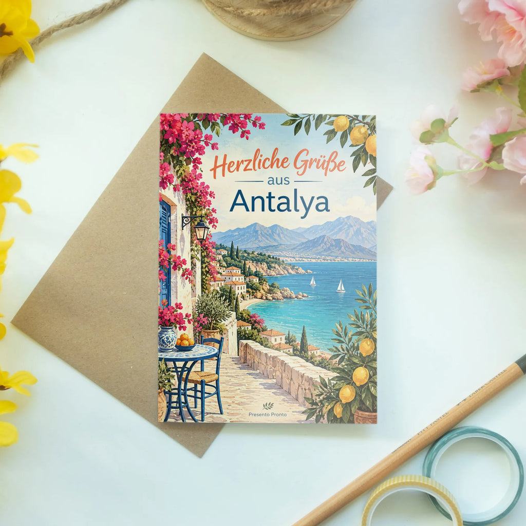 Herzliche Grußkarte aus Antalya zum Sommer mit Küste|p:2023795|h:a3e3a64e9b24bb24d13db0d019ab739d