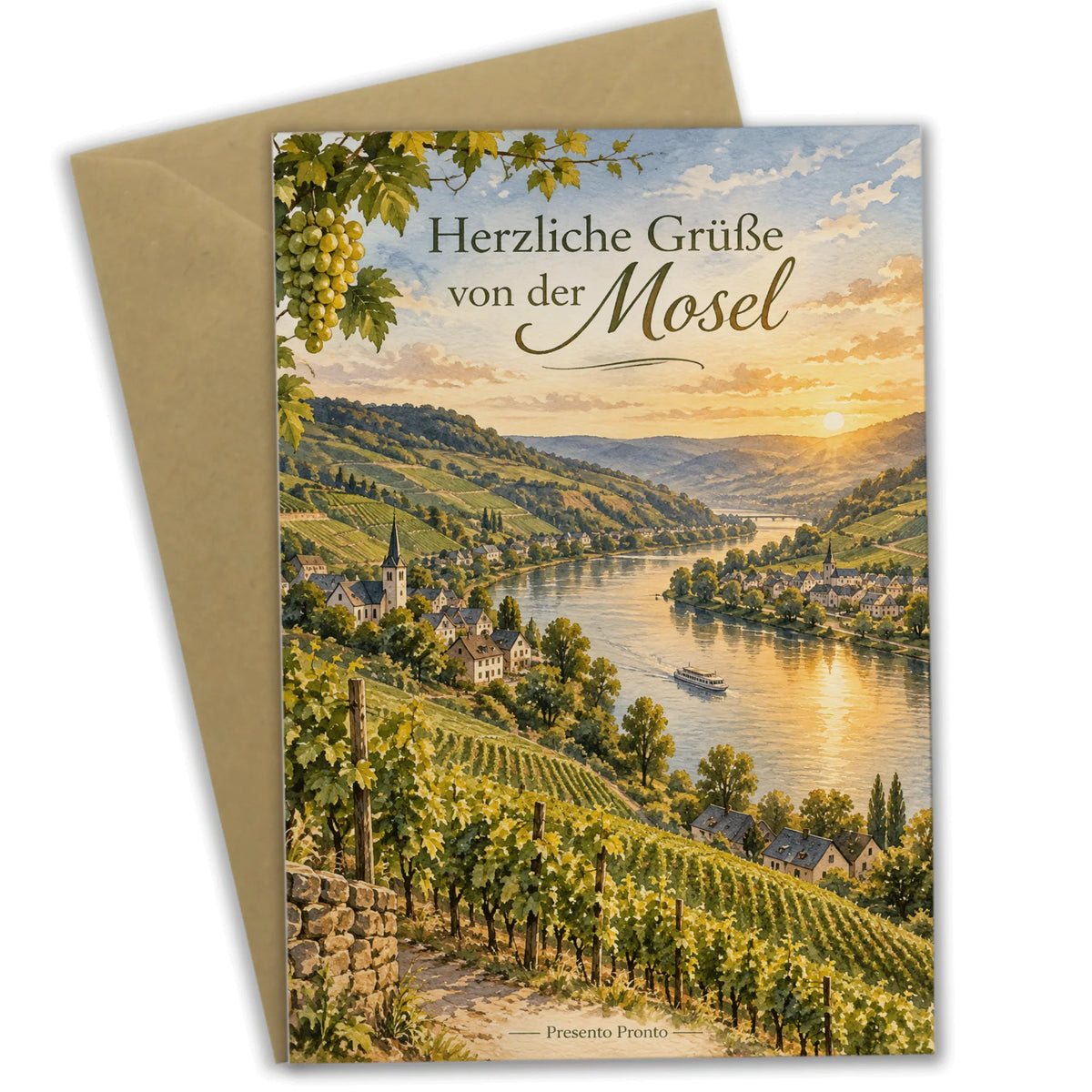 Herzliche Grußkarte von der Mosel mit Weinbergen im Abendlicht