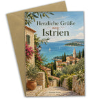 Herzliche Grußkarte aus Istrien mit Küstendorf|p:2023802|h:0950b0e30f1cc5dcfd15189d7315ea03