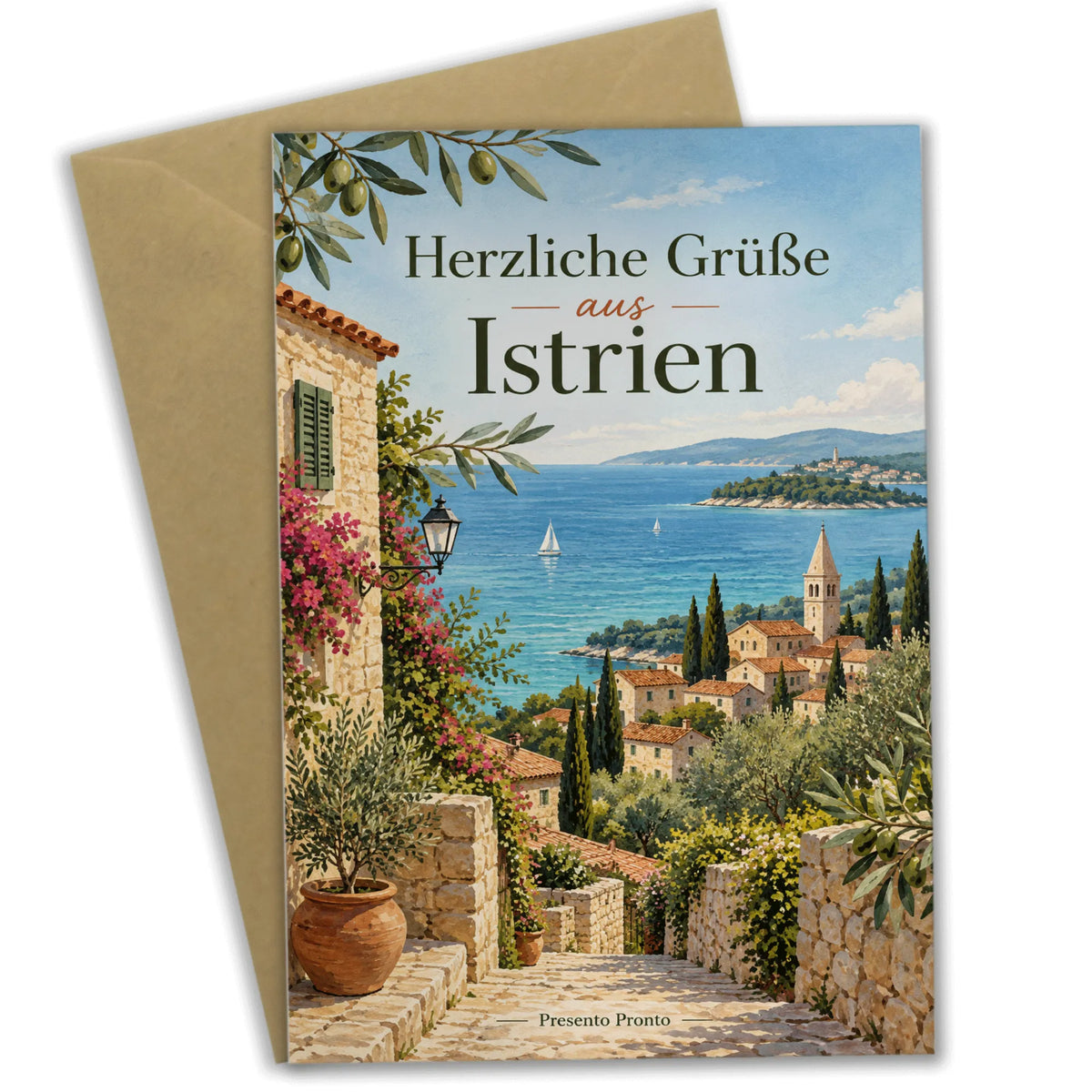 Herzliche Grußkarte aus Istrien mit Küstendorf