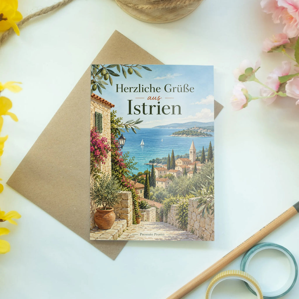 Herzliche Grußkarte aus Istrien mit Küstendorf|p:2023802|h:980236ec2d58f557c4a844ca0416b8b2