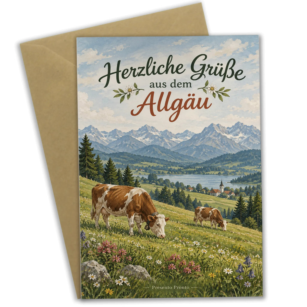 Herzliche Urlaubskarte aus dem Allgäu mit grasenden Kühen|p:2023808|h:573cd333d2361dc704e6a23c6189d741