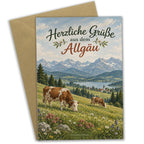 Herzliche Urlaubskarte aus dem Allgäu mit grasenden Kühen|p:2023808|h:573cd333d2361dc704e6a23c6189d741