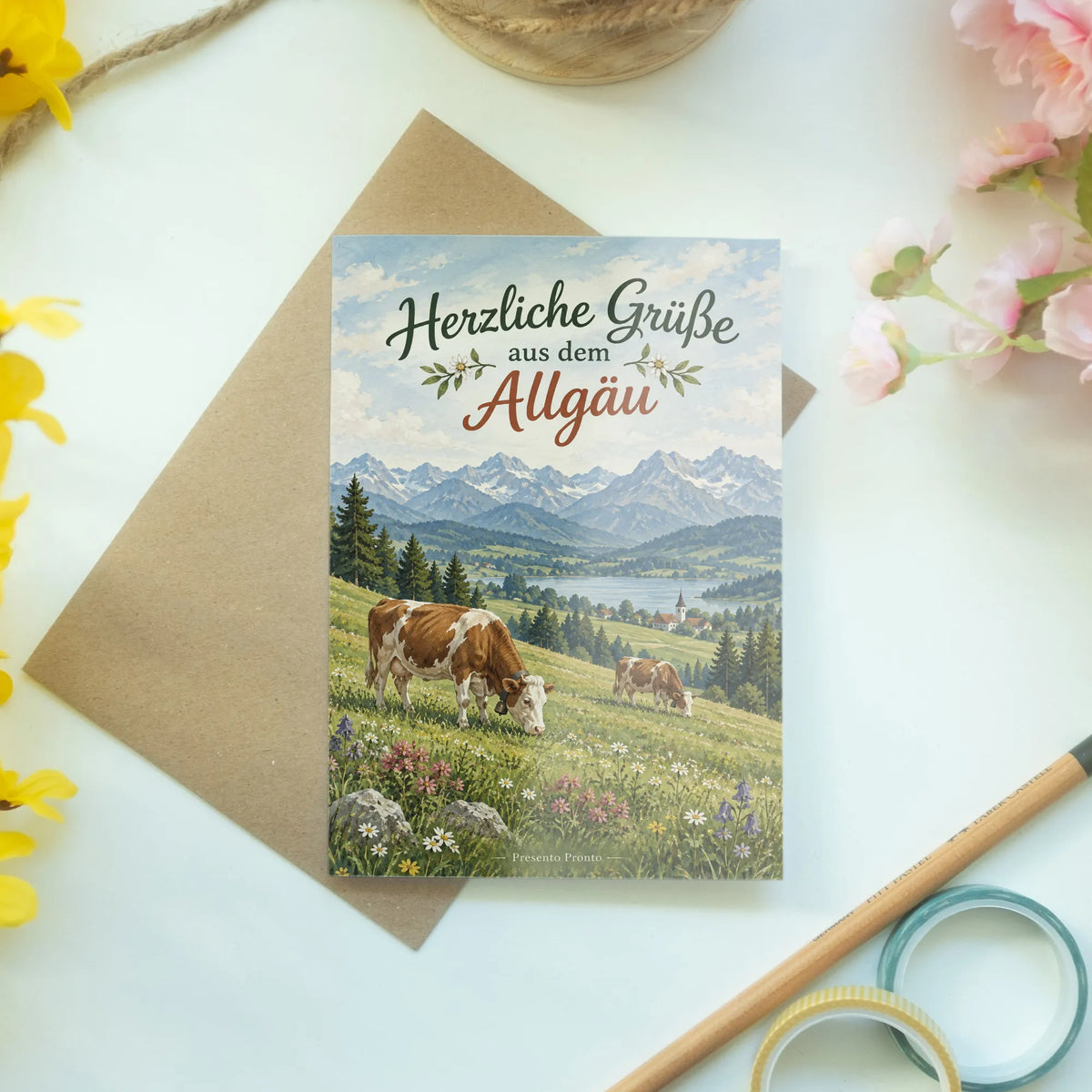 Herzliche Urlaubskarte aus dem Allgäu mit grasenden Kühen