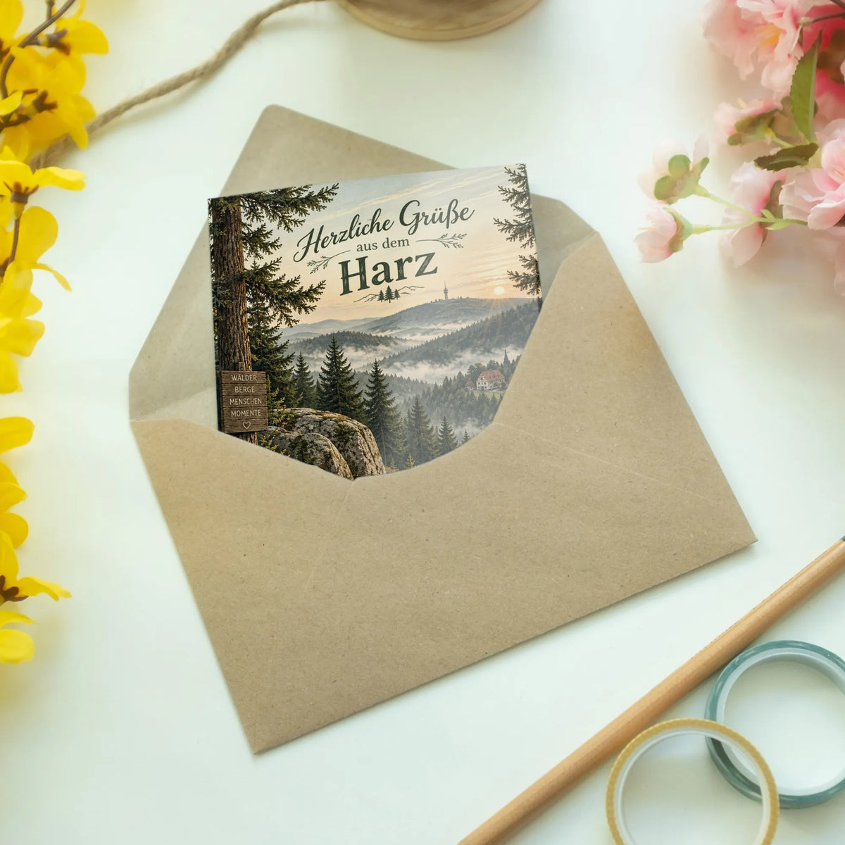 Herzliche Grußkarte aus dem Harz mit Fachwerkhaus