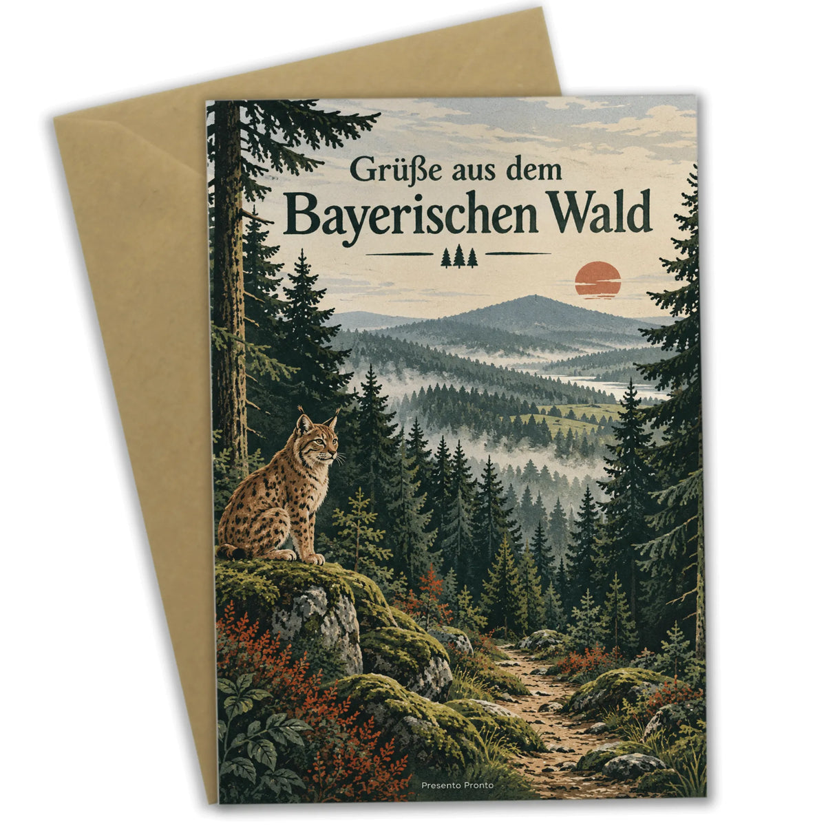 Stimmungsvolle Urlaubsgrußkarte aus dem Bayerischen Wald mit Luchs