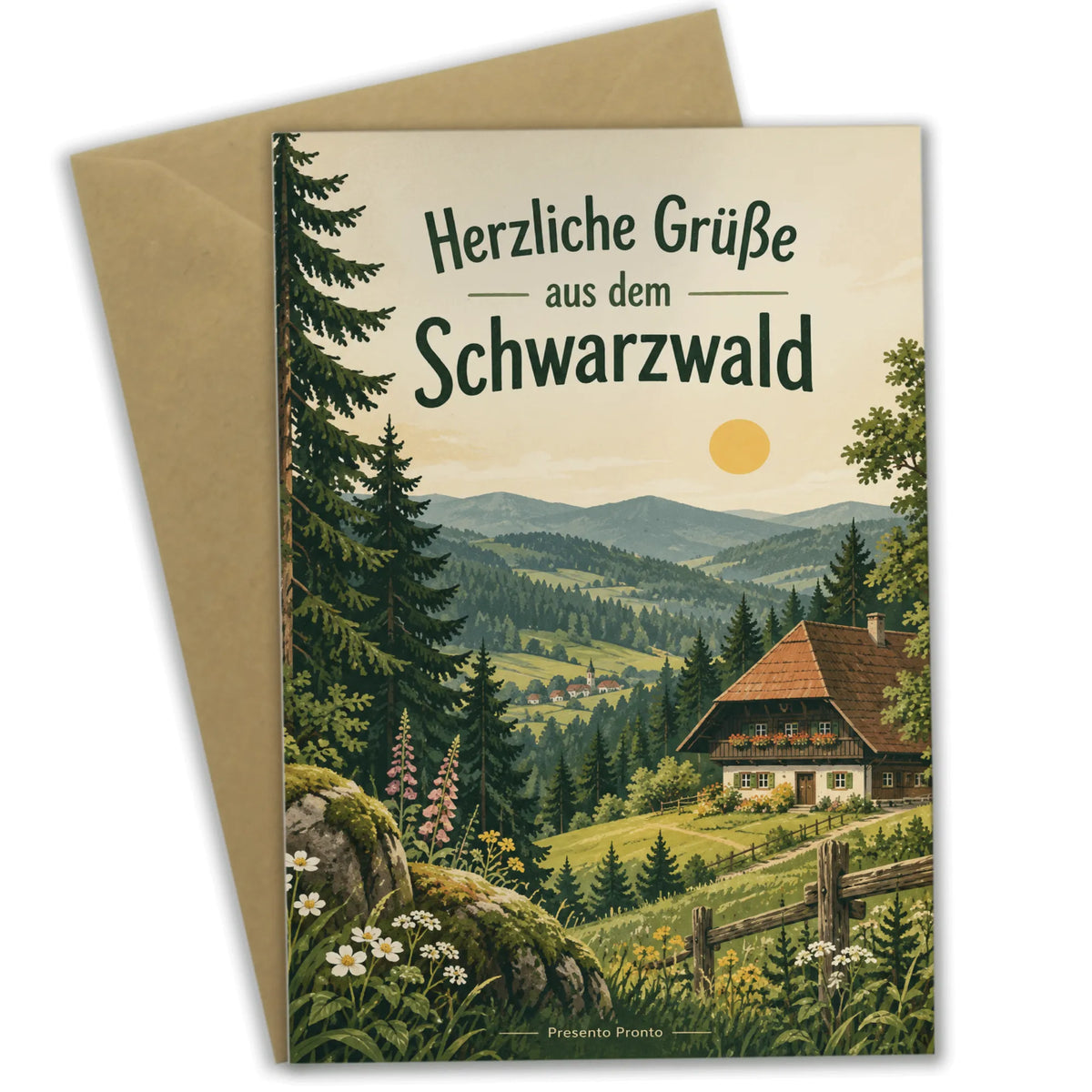 Herzliche Urlaubsgrüße aus dem Schwarzwald mit Tannenlandschaft