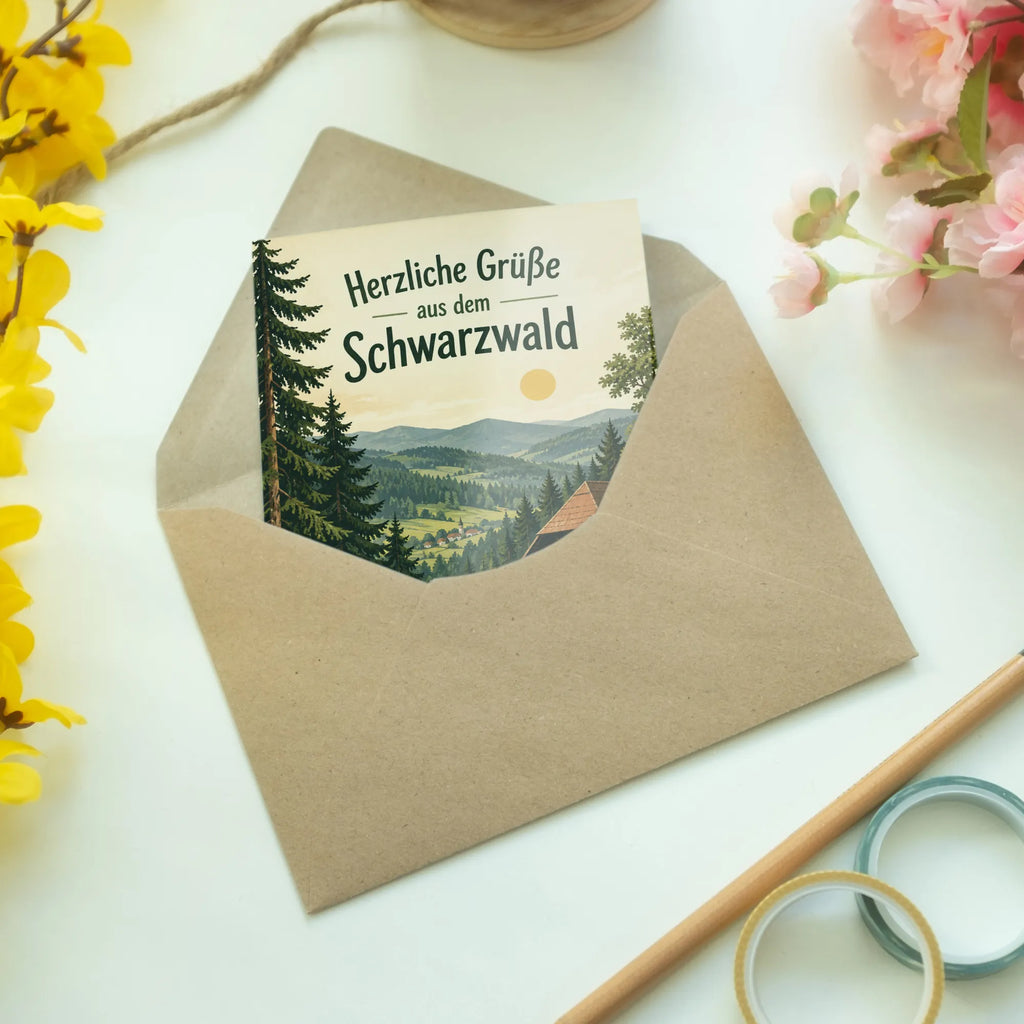 Herzliche Urlaubsgrüße aus dem Schwarzwald mit Tannenlandschaft|p:2023825|h:1921bccf502b72fb656dda4eaf99b539