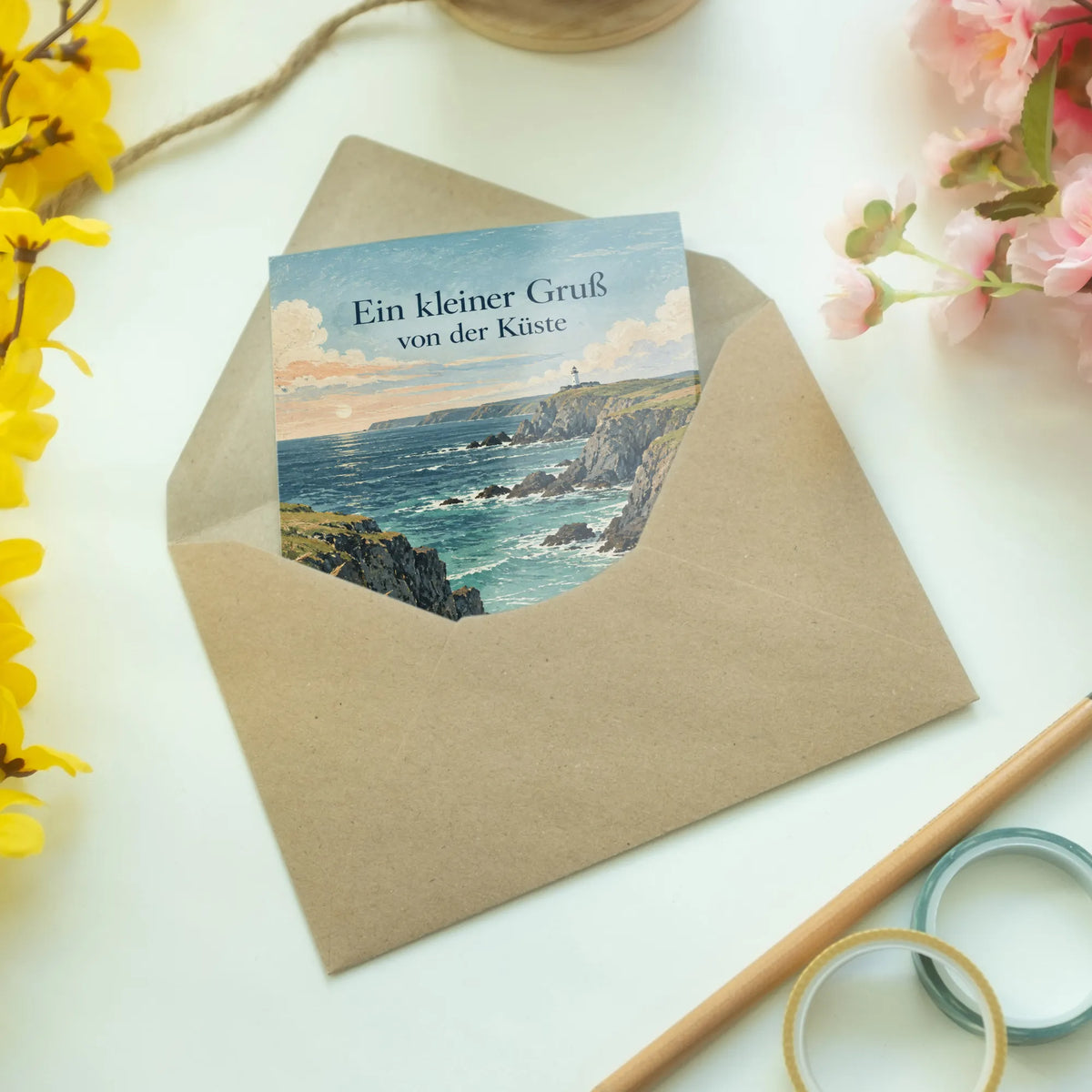Stimmungsvolle Cornwall Grußkarte mit Leuchtturm an Klippen