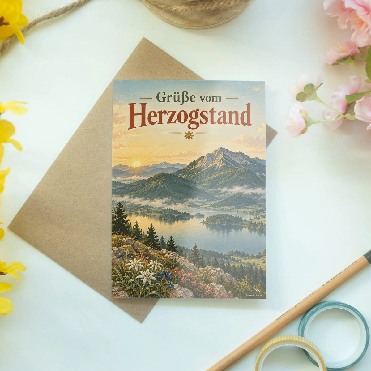 Nostalgische Grußkarte vom Herzogstand mit Kochelsee