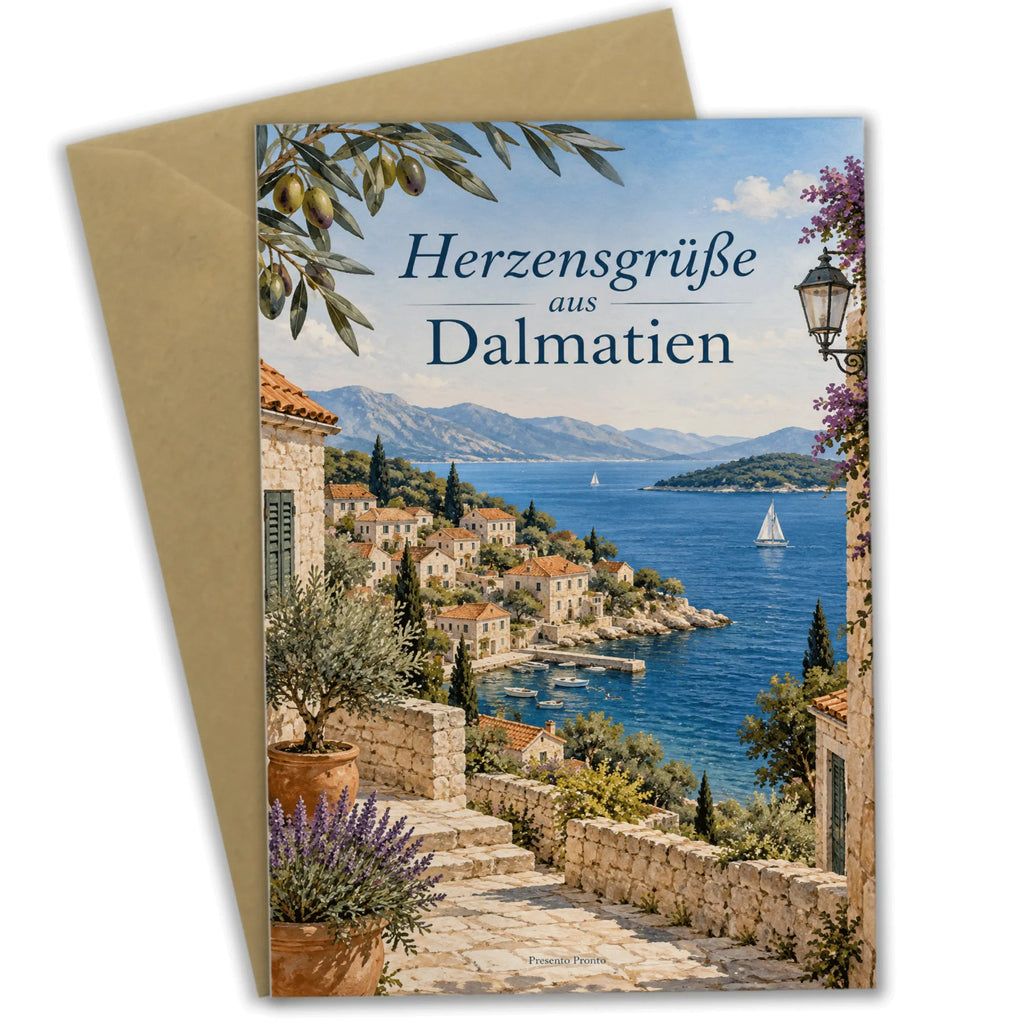 Herzliche Sommergrußkarte aus Dalmatien mit Küstendorf|p:2023836|h:f0dcb1cbec08cef4453fdb353a002505